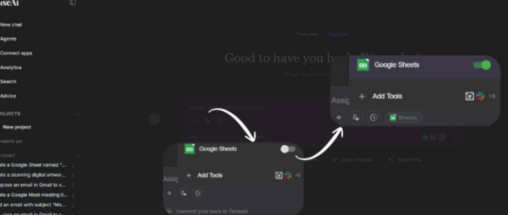 Google Sheets toggle enabled inside the TenseAi Tools section